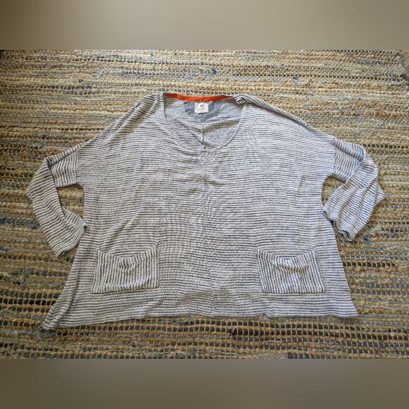 Sperry Nautical Vneck 3/4 Dolman L Striped Pocket Tee Shirt Blue White Fisherman - Picture 2 of 7